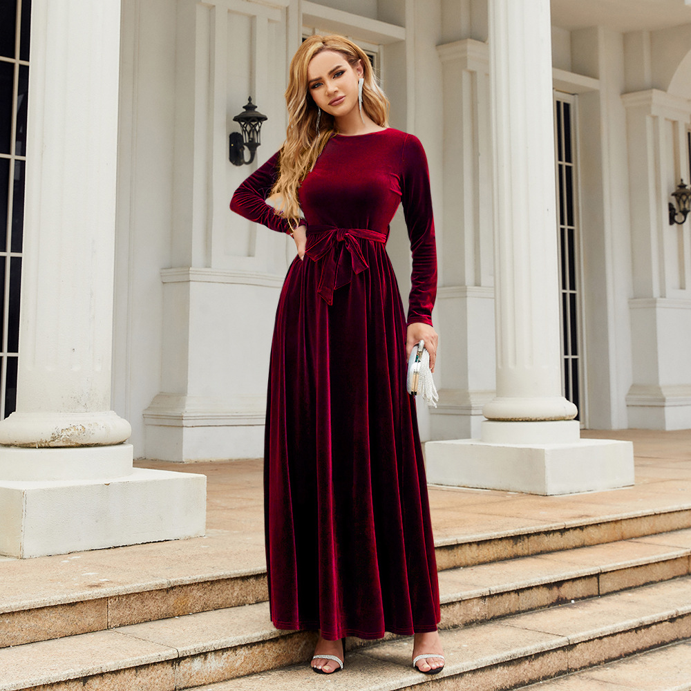 Elegant Velvet Maxi Dress - Autumn Winter Long Sleeve Floor Length Evening Gown